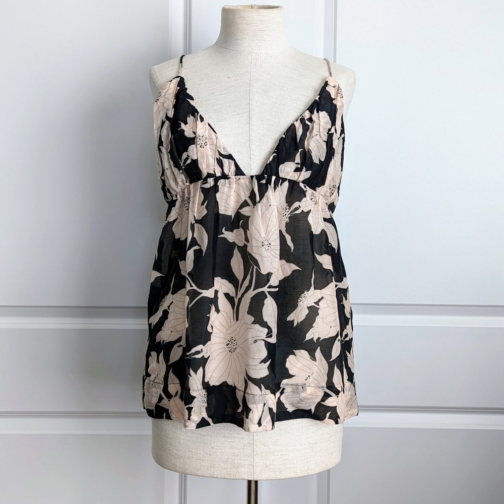 Isla & White Orlanda Top Camisole Sleeveless Silk Blend Floral Cream Black L NWT